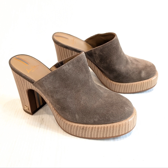 SAM EDELMAN Shiloh Women's Taupe Suede Platform Heeled  Mules Size 6.5 - Picture 1 of 11